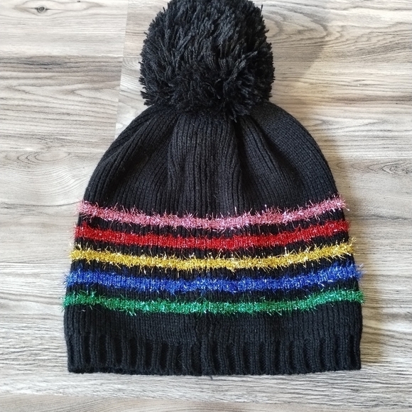 Betsey Johnson Rainbow Stripe Beanie with Pom - Picture 4 of 5